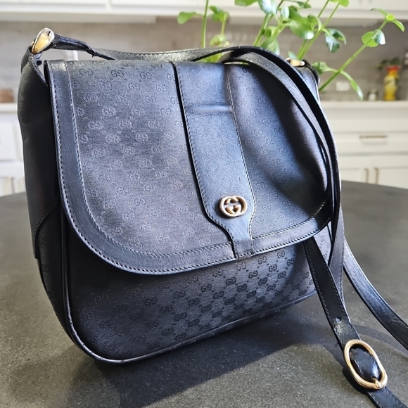 Vintage GUCCI  Crossbody bag Shoulder  micro GG PVC Leather Black/BlackFlap Sn - Picture 2 of 16